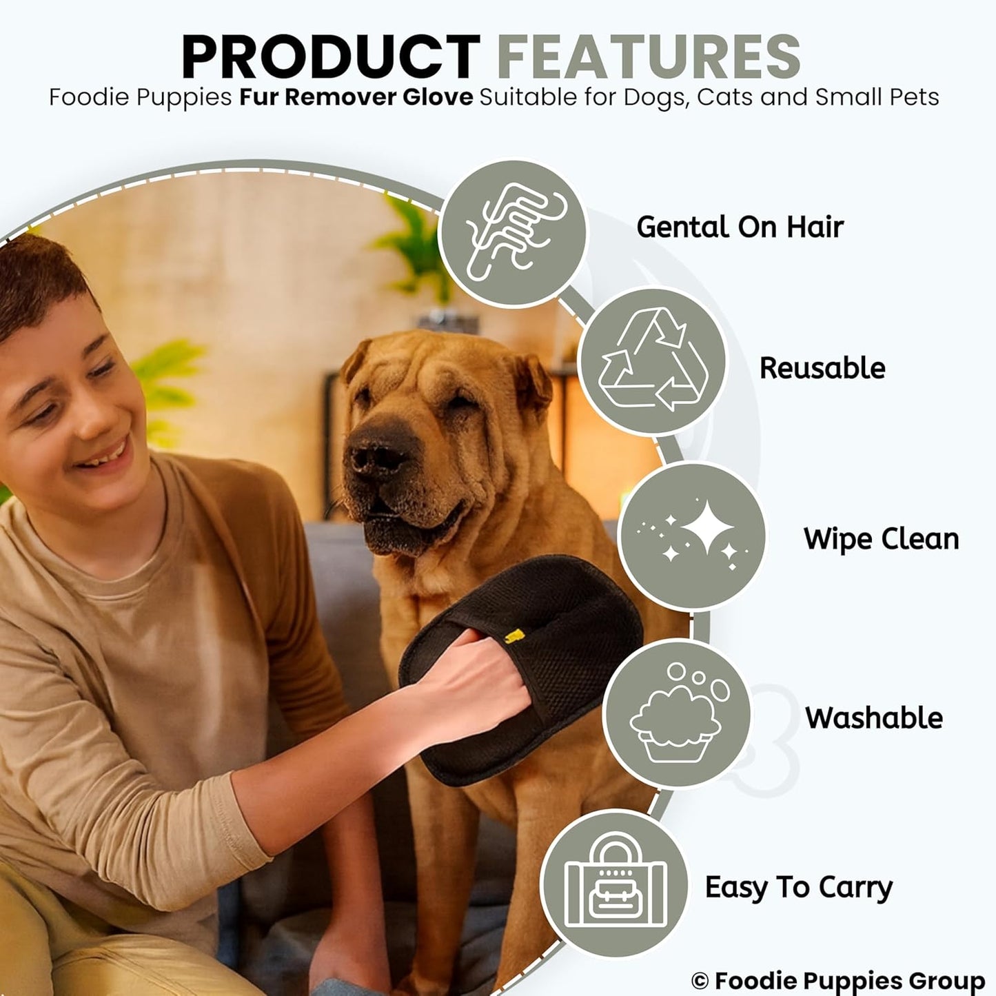 Foodie Puppies Pet Hair Removal Glove for Dogs & Cats | Reusable Fur Remover Mitt | Washable Electrostatic Hair Catcher for Clothes, Furniture, Carpet, Bed & Car Interior