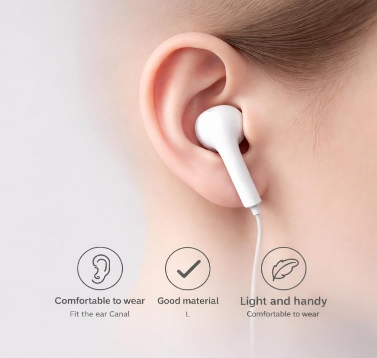 Wired Type-C Earphones with Inline Microphone & Volume Control | 1.2M Cable | High-Quality Stereo Sound | White