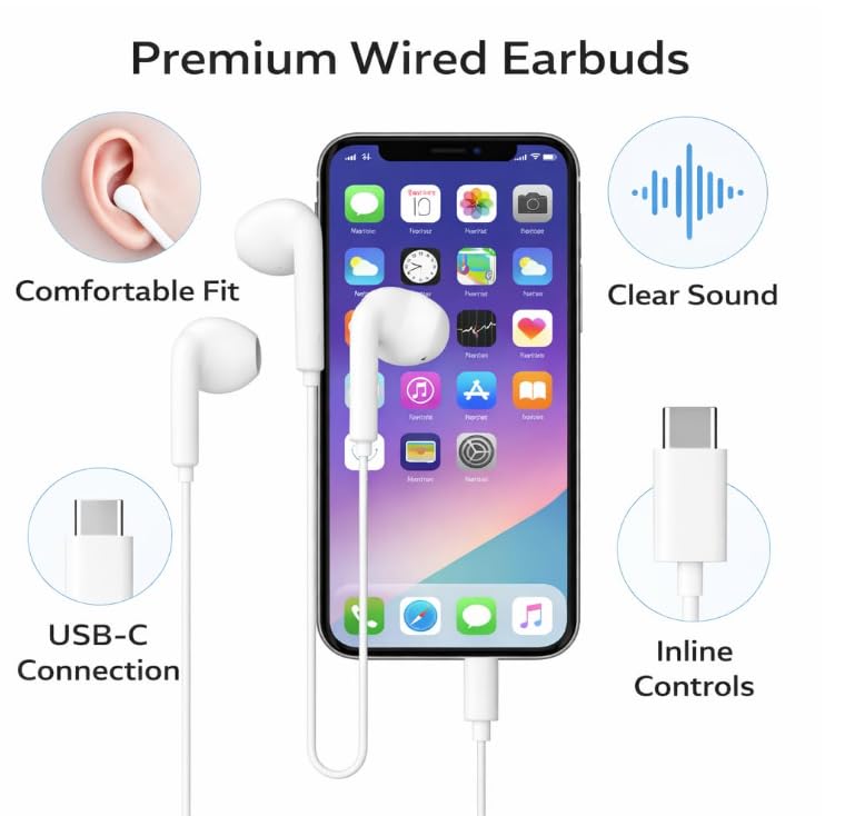 Wired Type-C Earphones with Inline Microphone & Volume Control | 1.2M Cable | High-Quality Stereo Sound | White