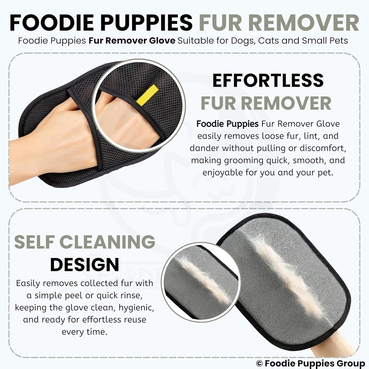 Foodie Puppies Pet Hair Removal Glove for Dogs & Cats | Reusable Fur Remover Mitt | Washable Electrostatic Hair Catcher for Clothes, Furniture, Carpet, Bed & Car Interior