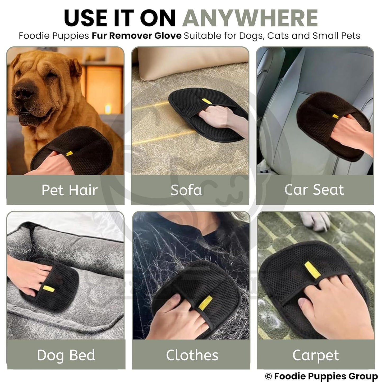 Foodie Puppies Pet Hair Removal Glove for Dogs & Cats | Reusable Fur Remover Mitt | Washable Electrostatic Hair Catcher for Clothes, Furniture, Carpet, Bed & Car Interior