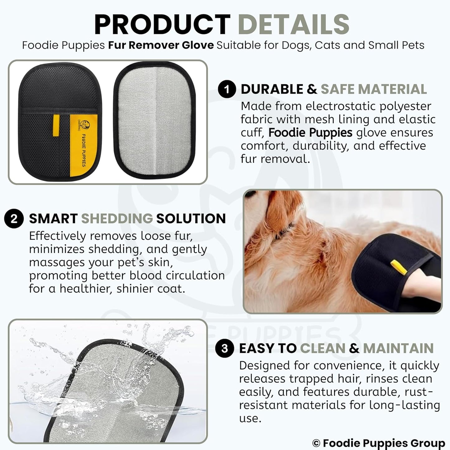 Foodie Puppies Pet Hair Removal Glove for Dogs & Cats | Reusable Fur Remover Mitt | Washable Electrostatic Hair Catcher for Clothes, Furniture, Carpet, Bed & Car Interior