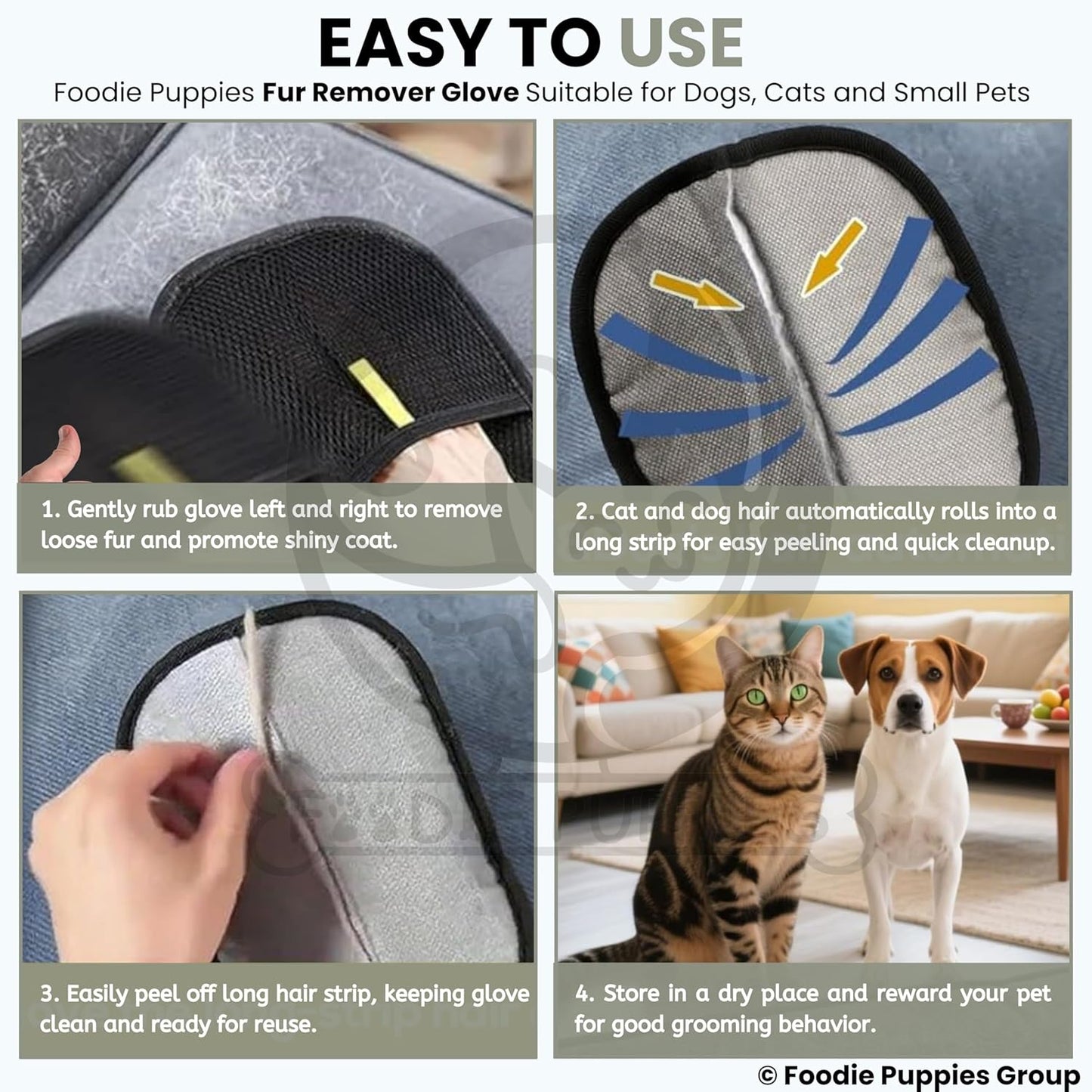 Foodie Puppies Pet Hair Removal Glove for Dogs & Cats | Reusable Fur Remover Mitt | Washable Electrostatic Hair Catcher for Clothes, Furniture, Carpet, Bed & Car Interior